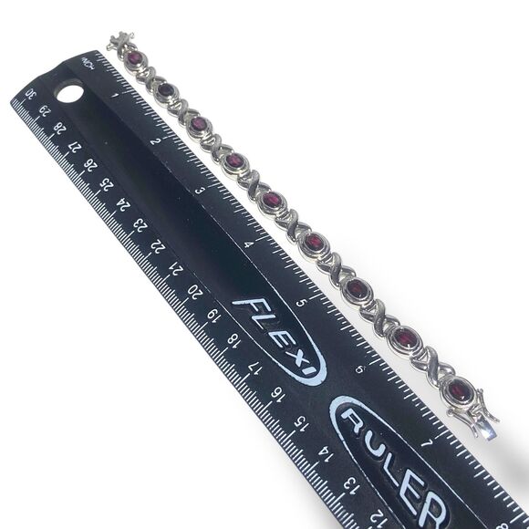 Vintage 925 Sterling Silver Garnet Stone XO Link Bracelet 7" / Fits 6.5" Wrist - Picture 8 of 10